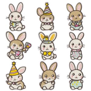May include: Nine embroidered patches of cartoon bunnies in different poses. The bunnies are mainly white and brown, with pink, yellow, and blue accents. Some wear party hats, bow ties, or hold treats. Each patch has a stitched border, perfect for crafting.