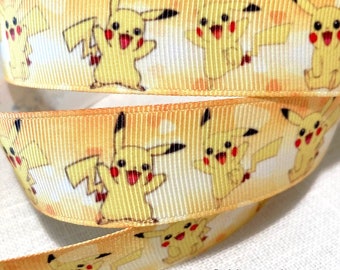 Ruban gros-grain imprimé, POKÉMON PIKACHU, Fond crème Jaune ** 25 mm ** vendu au mètre