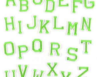 iron-on patch - LETTER ALPHABET WORD, White Embroidered Neon Green ** height 5 cm **