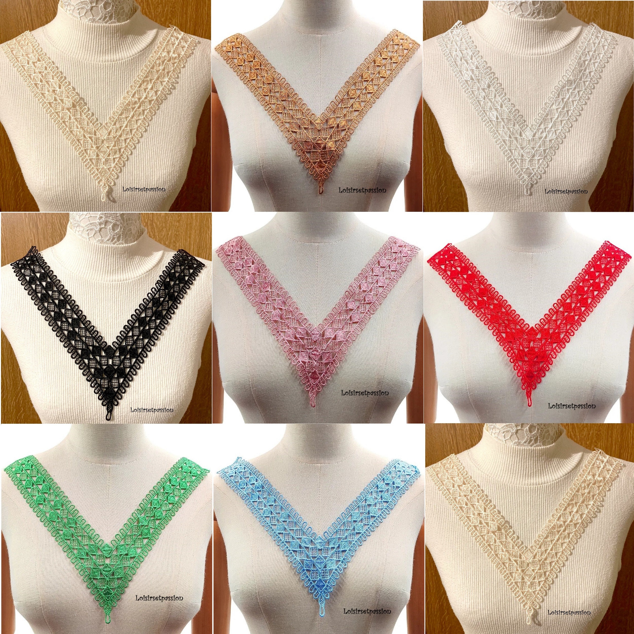 Satin Lace Collar, Geometric Pattern V-Neckline / White, Black, Champagne, Golden, Pink, Red ** 28 x 28 cm ** Sew-on Applique - CD106