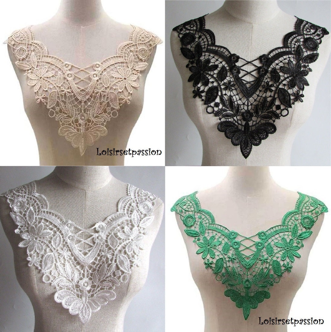 Lace Collar Plastron Neckline, Flower Lace / Black, White, Beige