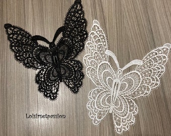 Grande Applique Dentelle Brodée - PAPILLON BLANC ou NOIR ** 21 x 24 cm ** ACD28