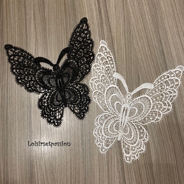 Grande Applique Dentelle Brodée - PAPILLON BLANC ou NOIR ** 21 x 24 cm ** ACD28