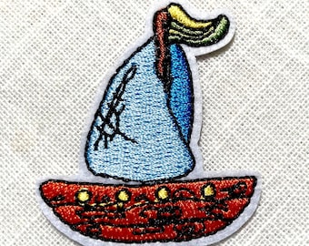 Écusson Patch thermocollant - Voilier, bateau, coque orangée voiles bleues ** 4,5 x 5 cm ** Applique à repasser