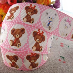 Printed grosgrain ribbon 25 mm OURSON CABOCHON White brown sold by the meter image 1