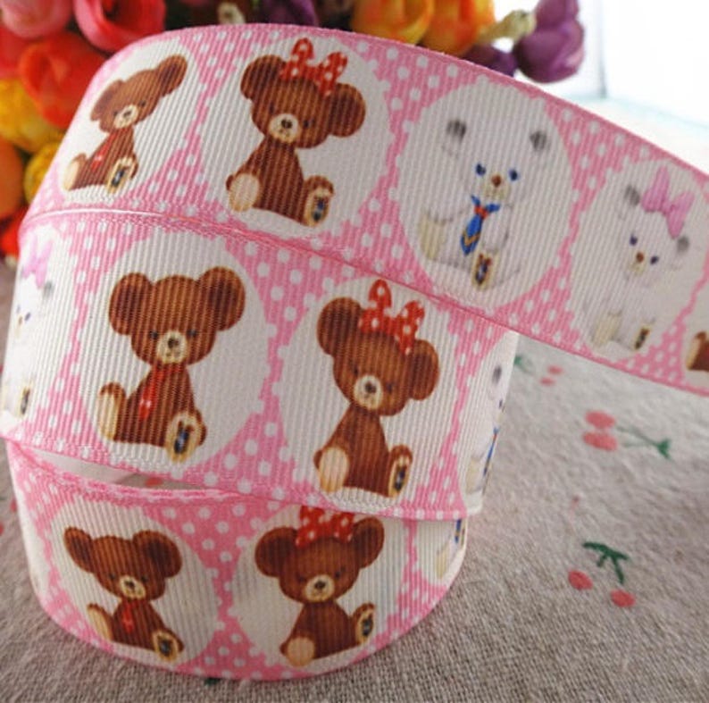 Printed grosgrain ribbon 25 mm OURSON CABOCHON White brown sold by the meter image 1