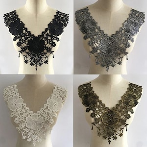 Lace Collar, Embroidered Flower Plastron / White, Black, Silver or Gold ** 36 x 34 cm ** V-Neckline, Sewing Applique - CD202