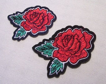 Embroidered iron-on patch badge - LEAF FLOWER ROSES Red ** size of your choice ** Iron-on applique - C5141 / C5152