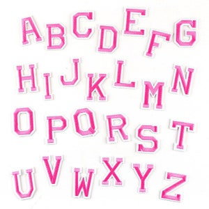 May include: Pink felt letter patches in uppercase, A through Z. The letters are outlined in white.