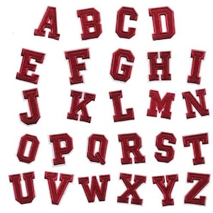 Parche termoadhesivo bordado - ALFABETO DE NÚMEROS / LETRA, Borde rojo blanco ** Alto 5,5 cm - Ancho: de 2,5 a 7 cm **