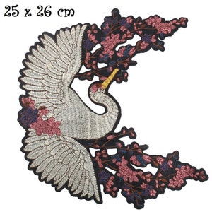 Large Patch Applique - BIRD CRANE STORK, Cherry Blossoms ** 25 x 26 cm ** Sew-on patch