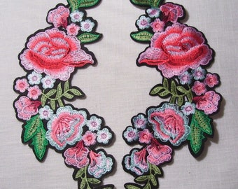 C5386 / C5387 - BOUQUET de FLEURS ROSES Symétrique ** 11 x 27 cm ** au choix - Écusson patch brodé thermocollant - Applique à repasser