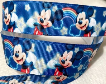 Nastro in grosgrain stampato, MICKEY MOUSE, stella arcobaleno, Blu notte ** 22 mm ** venduto al metro