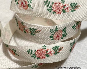 RUBAN sergé TOILE IMPRIMÉE 100% Coton - Bouquet Fleurs Roses ** 16 mm ** vendu au mètre