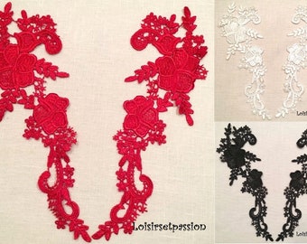 LOT de 2 Appliques Guipure Dentelle Symétrique, Fleur arabesque / Rouge, blanc, noir ** 10 x 28 cm ** à coudre - ACD115