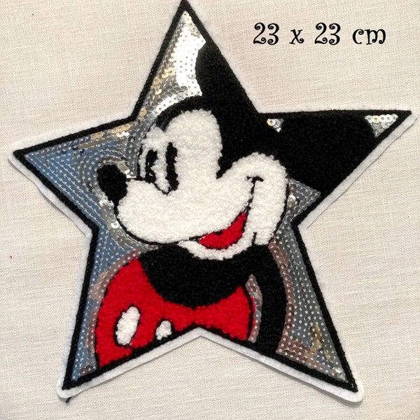 Grande Applique Écusson - ÉTOILE SOURIS MICKEY, Sequin éponge ** 23 x 23 cm ** Patch à coudre