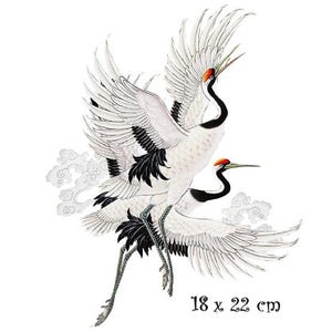 Applikationslapp, Strykbart transfermönster, Par av tranor och storkar, Vit ** 18 x 22 cm ** Strykbart screentryck - T945