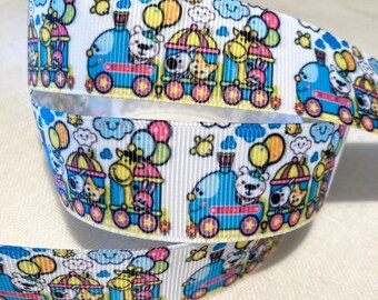 Printed grosgrain ribbon, MULTICOLOR TRAIN, locomotive wagon ** 25 mm ** sold by the meter