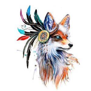 May include: A watercolor illustration of a fox head in profile, featuring bright blue eyes and orange, white, and blue fur. The fox wears a decorative headpiece adorned with long black, red, and turquoise feathers and dangling beads.