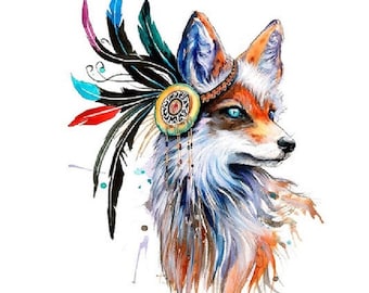 May include: A watercolor illustration of a fox head in profile, featuring bright blue eyes and orange, white, and blue fur. The fox wears a decorative headpiece adorned with long black, red, and turquoise feathers and dangling beads.
