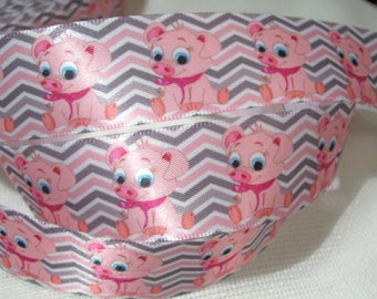 Printed Satin Ribbon * 25 mm * piggy pink background stripes grey - sold by the yard