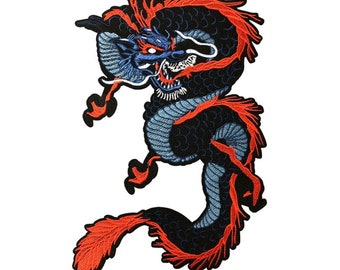 Grand Écusson - DRAGON ROUGE BLEU ** 23 x 33 cm ** patch brodé thermocollant - Applique à repasser