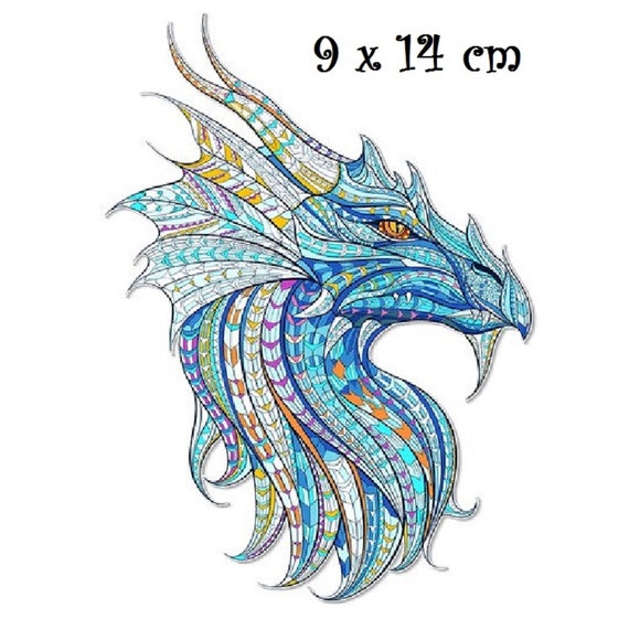 Patch Applique Dessin Transfert Thermocollant Tête De Dragon Ton Bleu 9 X 14 Cm Sérigraphie à Repasser T103