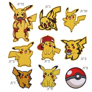 May include: Ten embroidered iron-on patches featuring a yellow cartoon character with red cheeks and a lightning bolt tail. The patches are numbered 1 through 12, with one patch depicting a Pokeball.