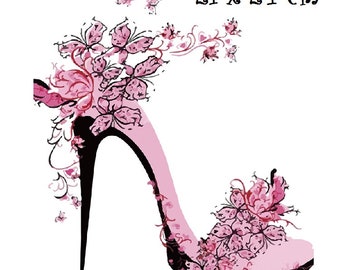 Applique patch, Iron-on transfer design, Flowered PUMP SHOE, Stiletto heel, 21 x 24 cm, iron-on screen printing - T995