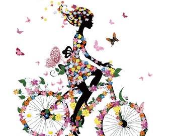 Applique patch, Iron-on transfer design, GIRL on BICYCLE, BIKE, Flower dress, Butterflies, 17 x 20 cm, iron-on screen printing - T998