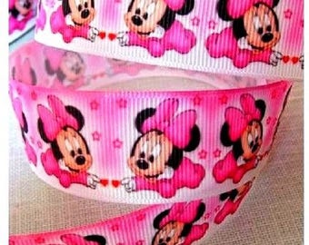 Printed grosgrain ribbon ** 10 or 25 mm ** Baby Minnie Mouse Cartoon Pink Bow - sold by the meter