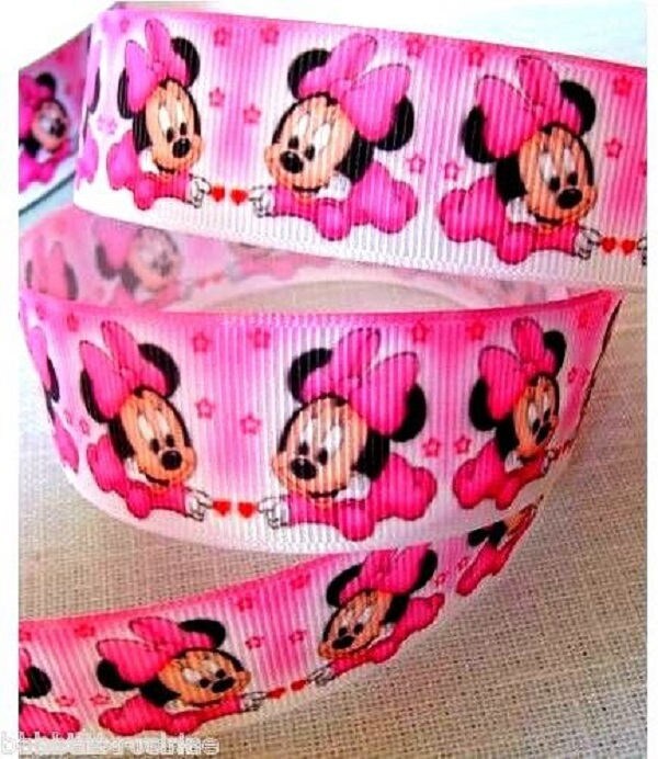 Printed Grosgrain Ribbon ** 10 or 25 mm ** Minnie Mouse Baby Pink Bow Cartoon - sold by the meter