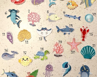 Embroidered iron-on patch - Sea animals, ocean, fish, turtle, seashell, dolphin - Iron-on applique - Choice of design