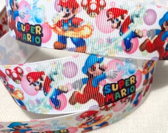 Ruban gros grain, PERSONNAGE MARIO, bulle multicolore ** 25 mm ** Galon imprimé - vendu au mètre