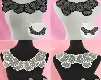 Col Dentelle, Encolure Devant et Dos, Brodé Sur Voile, NOIR ou BLANC NACRÉ,  applique à coudre - Lingerie, couture - CD180