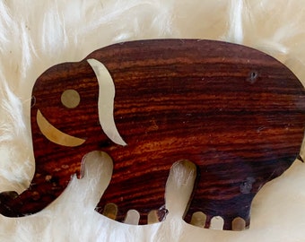 Rare Unique Elephant Belt Buckle with brass and silver inlay wooden vintage 60s 70s fashion wood belt buckle retro groovy boho eclectic mcm