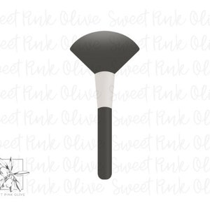 May include: A black makeup brush with a white handle and a large, fan-shaped brush head.