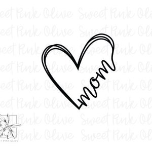 May include: A black line drawing of a heart shape with the word "mom" written inside. The heart is outlined with a single, continuous line. The background is white, with the words "Sweet Pink Olive" repeated in a watermark style.