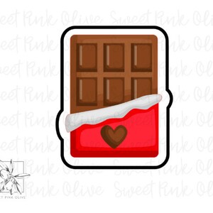 May include: A chocolate bar with a red wrapper and a heart on the front. The chocolate is broken in half, revealing the squares inside.