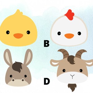 May include: A set of four cartoon animal faces, each with a different animal: a yellow chick, a white chicken, a brown donkey, and a brown goat. The animals are all facing forward and have large, black eyes.