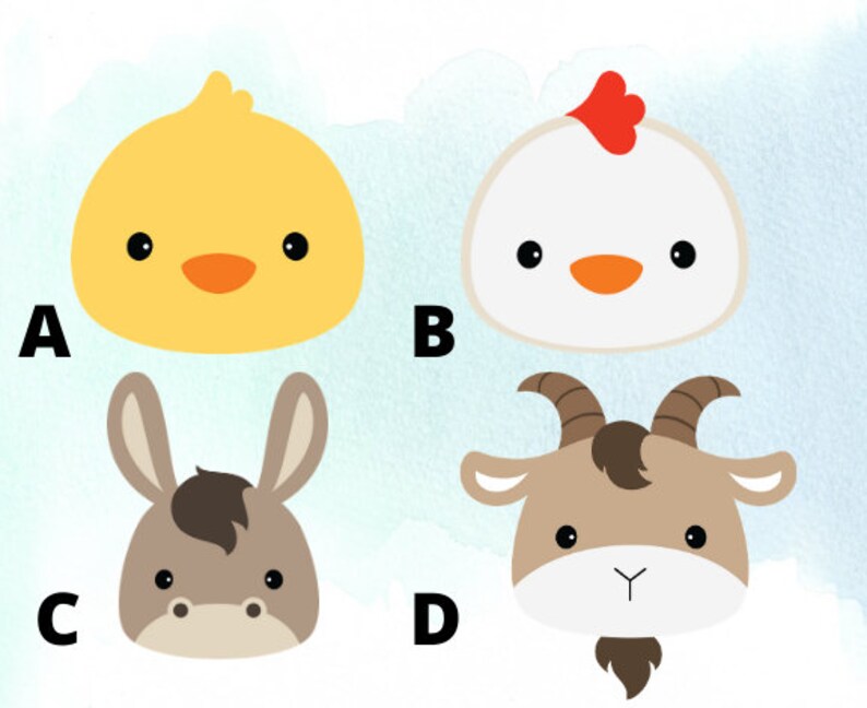 May include: A set of four cartoon animal faces, each with a different animal: a yellow chick, a white chicken, a brown donkey, and a brown goat. The animals are all facing forward and have large, black eyes.