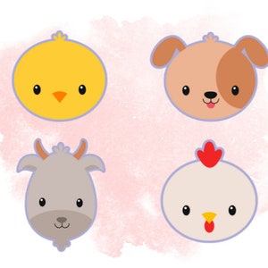 May include: Four cartoon animal faces on a pink watercolor background. The faces are a yellow chick, a brown dog, a gray goat, and a white chicken.