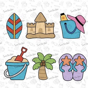 Beach Set 1 - Surfboard, Sandcastle, Beach Bucket, Palm tree and sandals