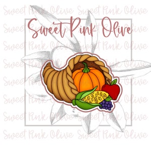 May include: A brown cornucopia filled with a variety of autumn harvest items, including a pumpkin, corn, grapes, and an apple. The cornucopia is outlined in brown and has a white background.
