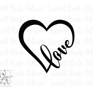 May include: Black and white graphic design of a heart with the word "love" written inside. The word "love" is stylized with a cursive font.