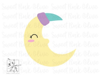 May include: A yellow crescent moon with a sleeping face and a purple and blue sleeping cap. The moon is on a white background.