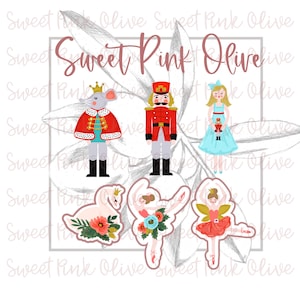 May include: A set of colourful illustrations inspired by The Nutcracker ballet. Depicted are a mouse king, a nutcracker soldier, a ballerina, a swan, and a fairy. The text "Sweet Pink Olive" is displayed at the top of the image.