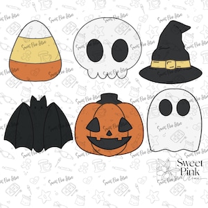 May include: A collection of Halloween-themed cookie cutters. The shapes include a candy corn, skull, witch hat, bat, jack-o'-lantern, and ghost. The cutters are in a line on a white background with a repeating pattern.