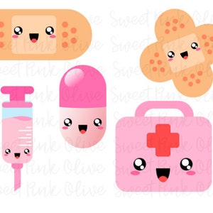 May include: A set of five cartoon-style medical supplies with cute faces. The set includes a pink pill, a pink syringe, a pink first aid kit, a brown plaster, and a brown plaster with a white centre.