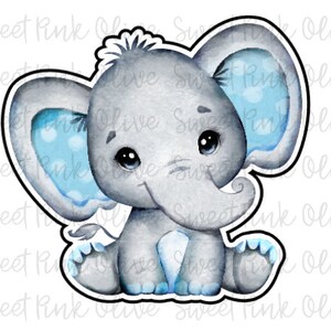 May include: A cute cartoon illustration of a gray elephant with blue ears and blue feet. The elephant has large eyes and a small trunk. The background is white.